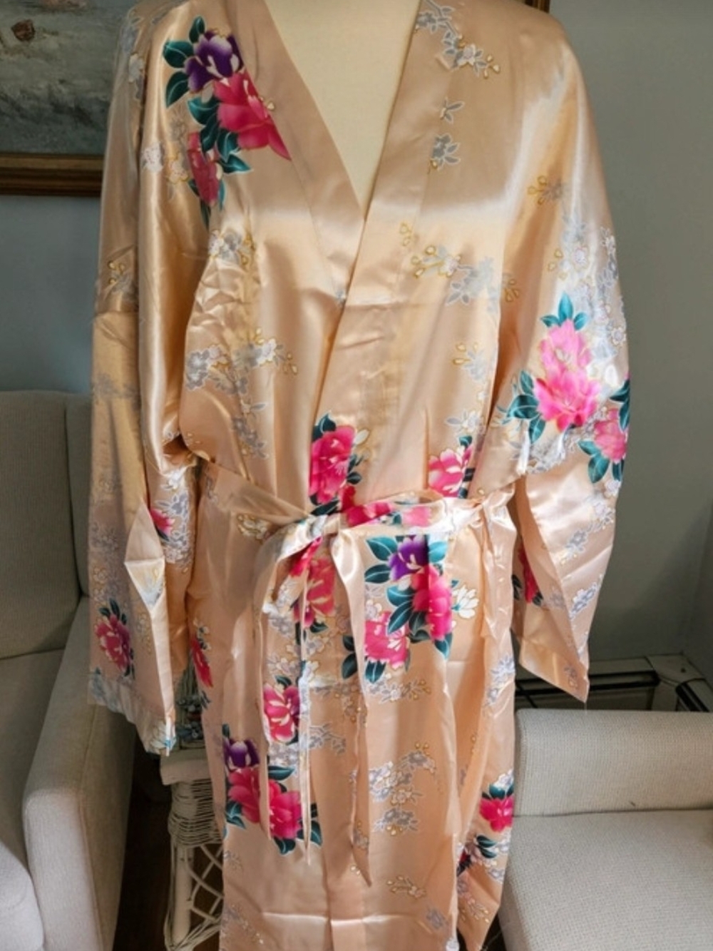 Peach Floral Satin Kimono Robe with Tie Waist